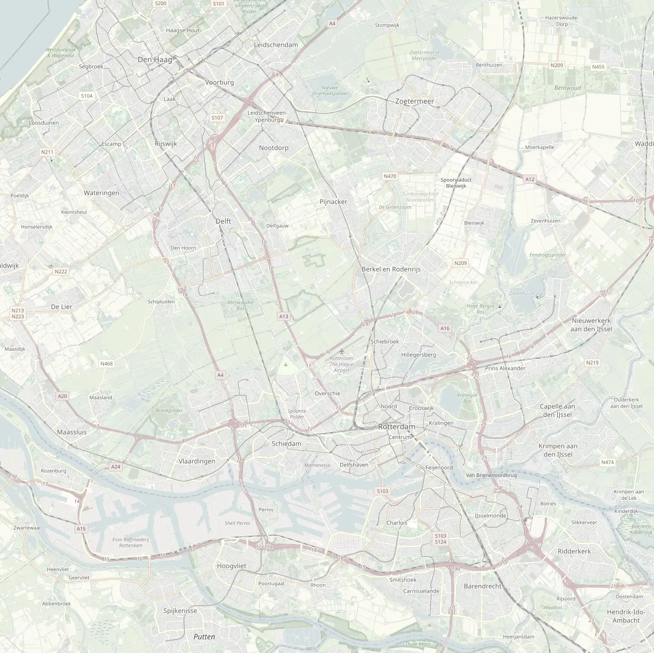 Kaart van de regio tussen Den Haag en Barendrecht met Schiedam, Rotterdam, Vlaardingen en Delft gemarkeerd